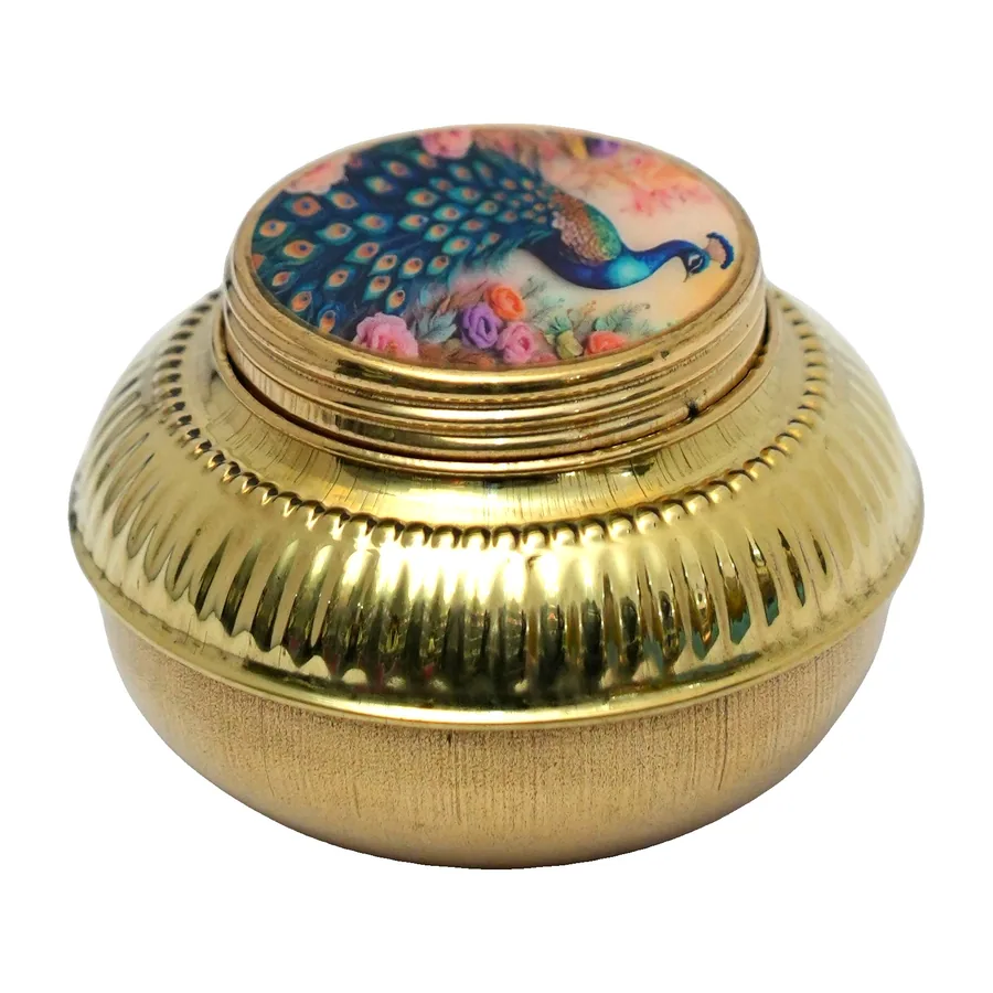 Brass Kumkum Box with Peacock Lid