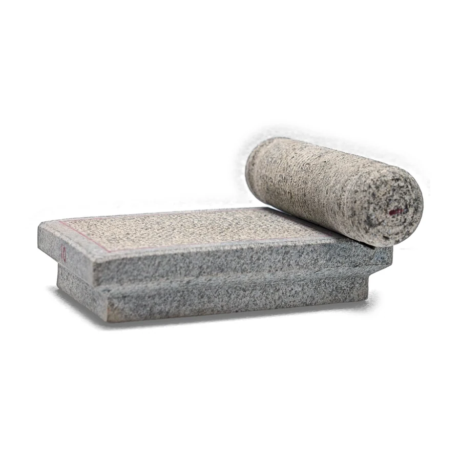 Grey Stone Grinding Slab with Roller, Stepped Base