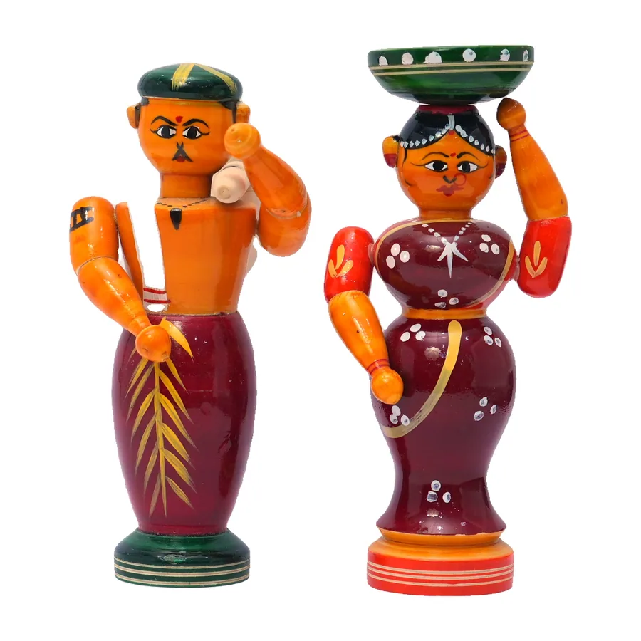 Kondapalli Village Couple Dolls, Flute and Pot