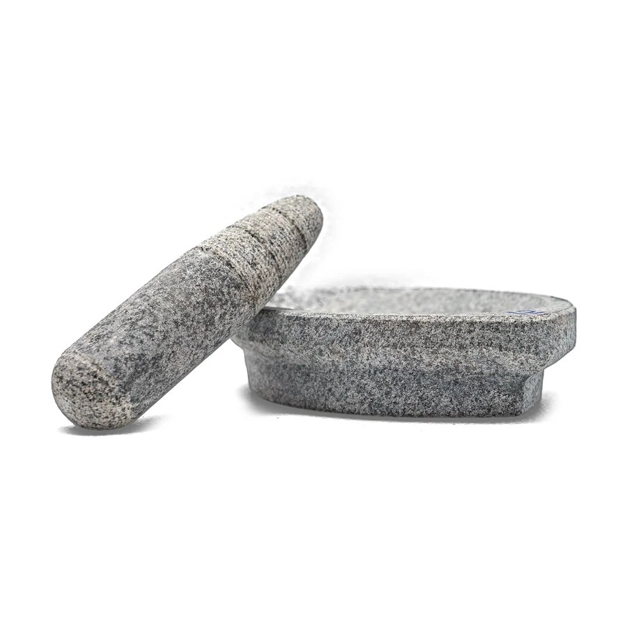 Leaf-Shaped Grinding Bowl with Ringed Pestle