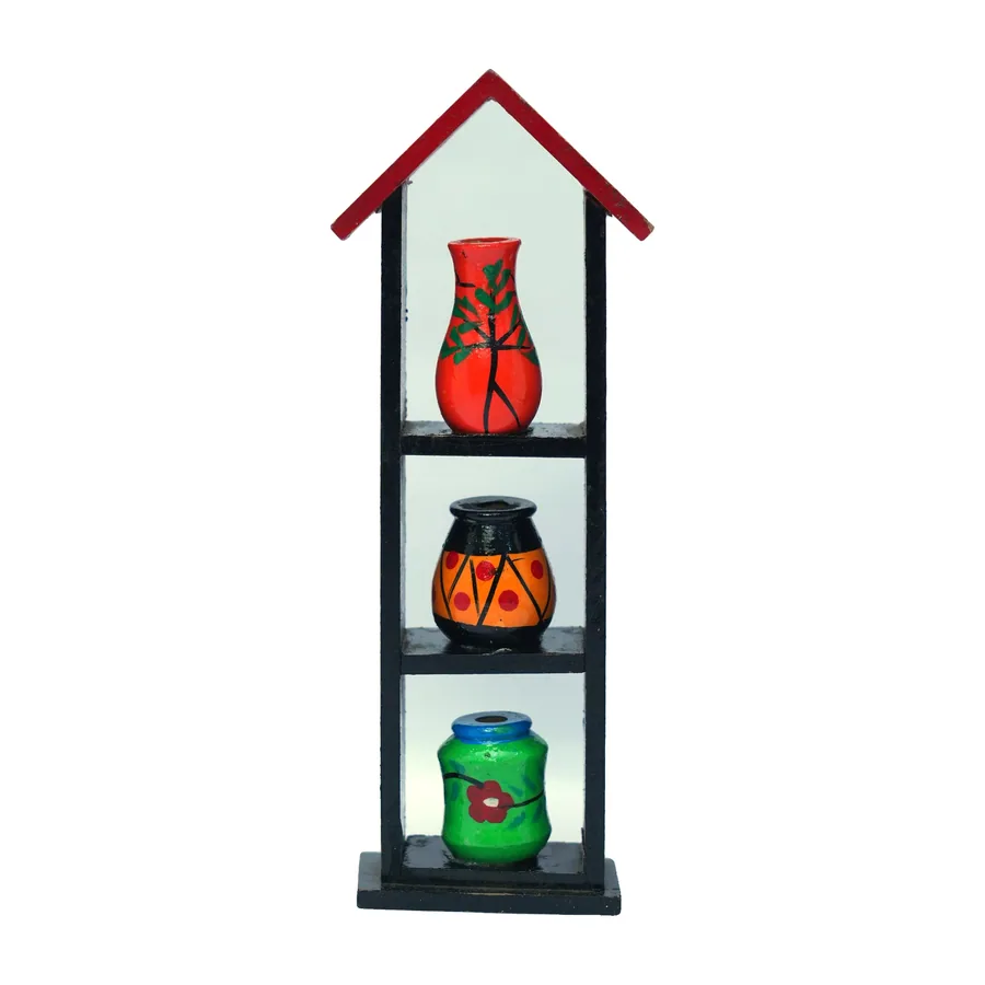 Wooden Pot Stand House with Painted Pots