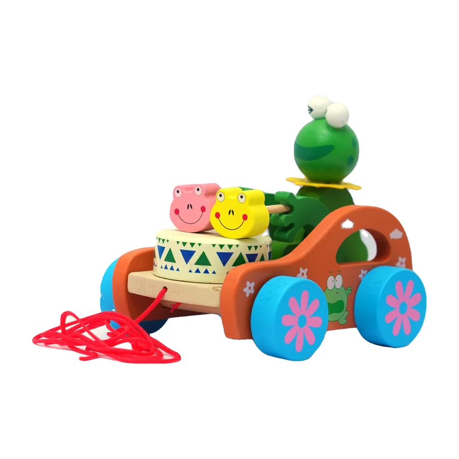 Wooden Pull Toy, Frog on Cart