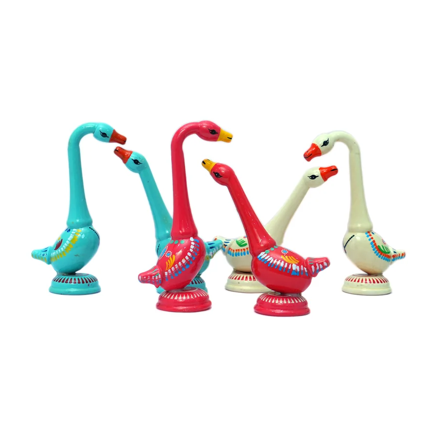 Painted Wooden Swan Group, Set of 4